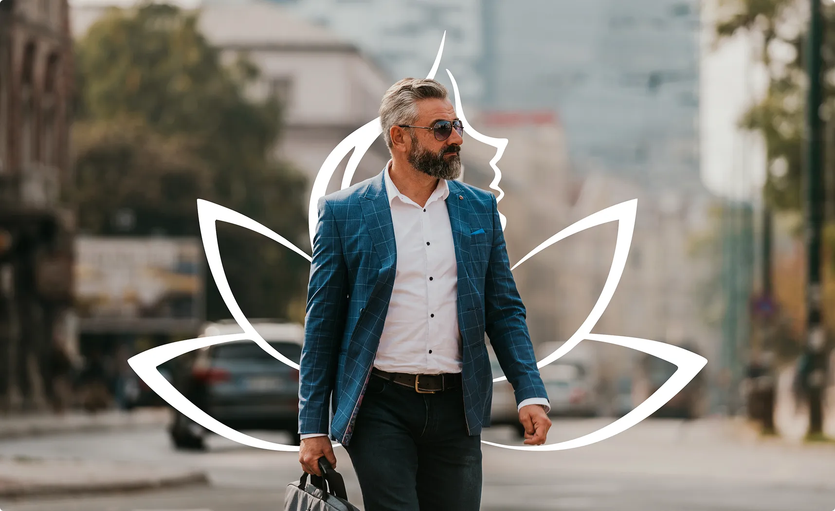 A well-dressed man with a beard and sunglasses is walking down a city street, carrying a briefcase. A large, faint white outline of the Dr. Buffalo logo is superimposed over the image, behind the man.